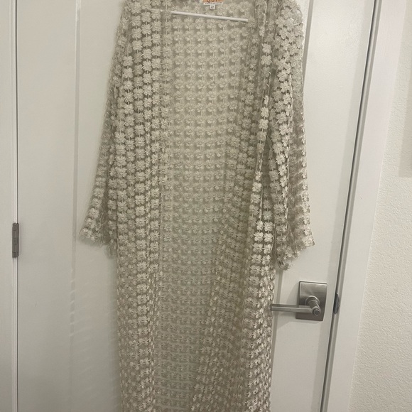 quii Sweaters - Mesh Floral Silver Boho‎ Long Open-Front Cardigan Festival Rave Concert